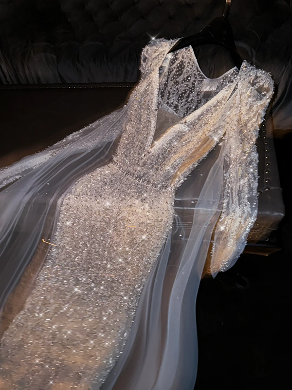 Light apricot V-neck fitted waist sexy long ball gown, bridal dress R8750