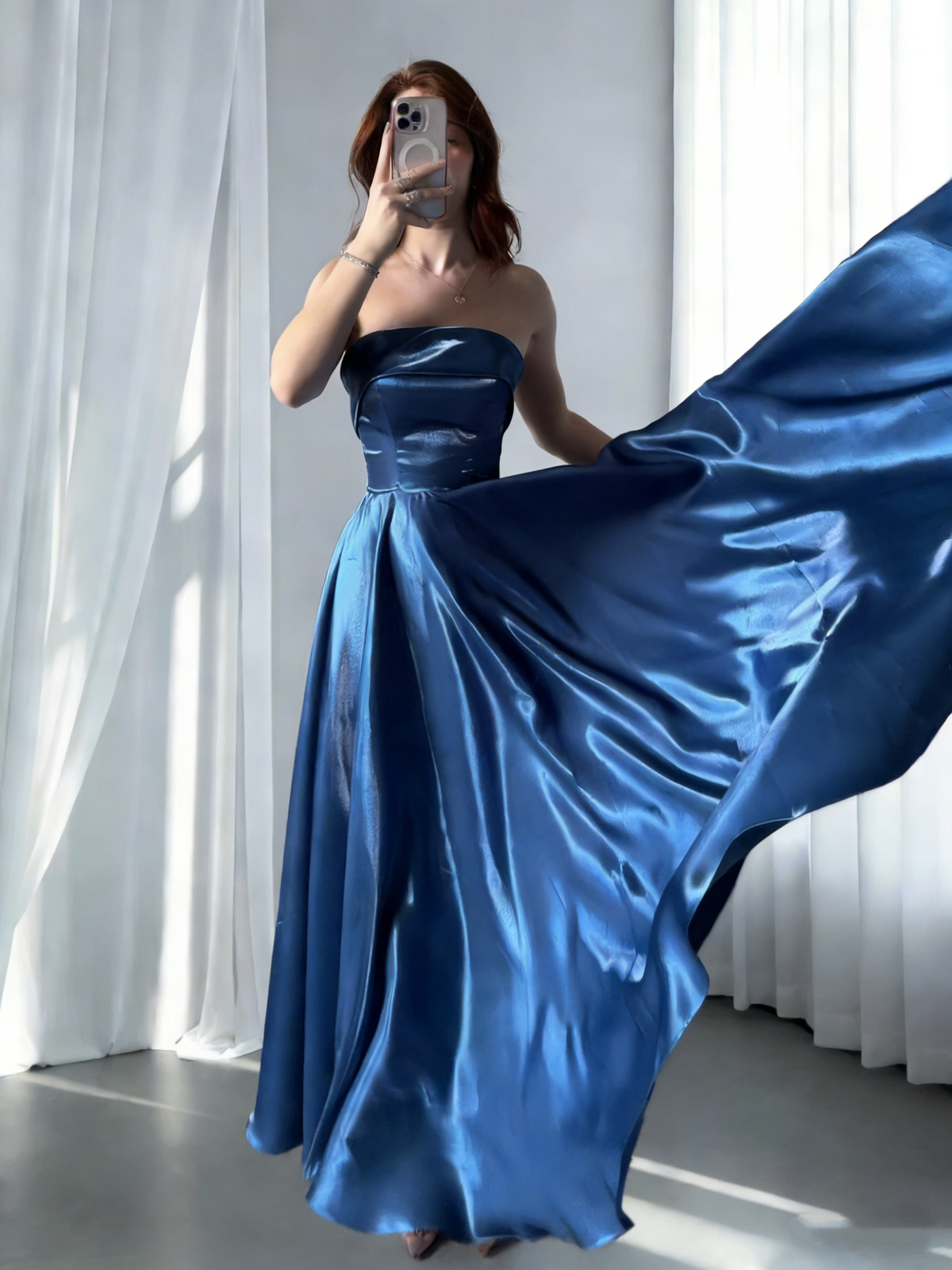 Fashion Strapless Blue Satin A Line Evening Dress Long Wedding Guest Dress SP1710