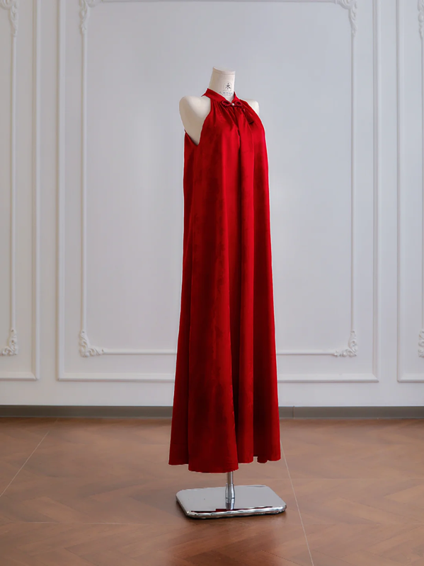 Red sleeveless straight-cut long ball gown with Chinese-style collar R8178