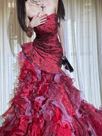 Burgundy strapless fitted waist long sexy and elegant ball gown R8687