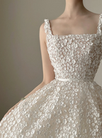 White floral-print spaghetti-strap waist-cinched slim-fit long ball gown with a ruffled skirt, wedding dress R8009