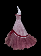 Pink strapless ball gown with a cinched waist and an A-line skirt; bridal gown R7296