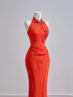 Red Chinese-style neckline, fitted waist, slim-fitting, long, sexy ball gown R8157