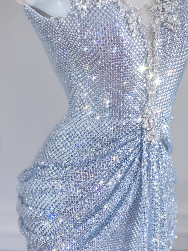 Light blue halter-neck, fitted, bodycon, sexy sequined long ball gown R8244