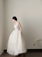 White floral-print spaghetti-strap waist-cinched slim-fit long ball gown with a ruffled skirt, wedding dress R8009
