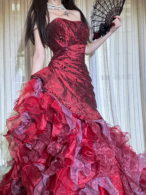 Burgundy strapless fitted waist long sexy and elegant ball gown R8687