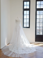 Apricot-colored white floral print off-the-shoulder fitted long ball gown/bridal dress R8499