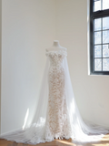 Apricot-colored white floral print off-the-shoulder fitted long ball gown/bridal dress R8499
