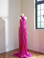 Rose pink halter neck fitted waist backless sexy long ball gown R8469