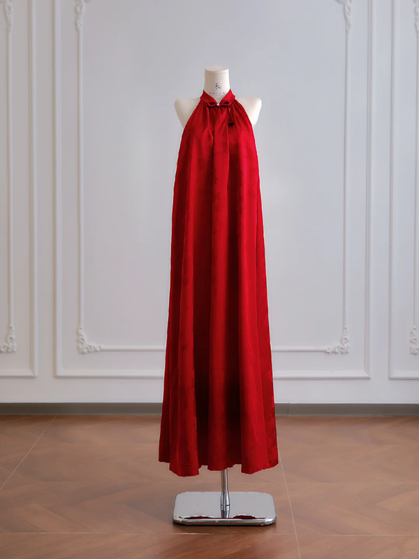 Red sleeveless straight-cut long ball gown with Chinese-style collar R8178