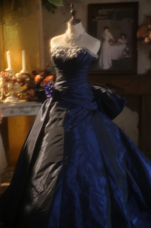 Navy Blue Strapless Waist-Cinched Puffball Skirt Ball Gown, Bridal Gown R7349