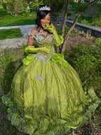 Sweetheart Ball Gown Green Long Prom Dresses Sparkly Rhinestone Tulle Green Sweet 16 Dress