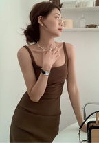 French sexy backless suspender dress slim fit high-end niche medium and long hip skirt R1449