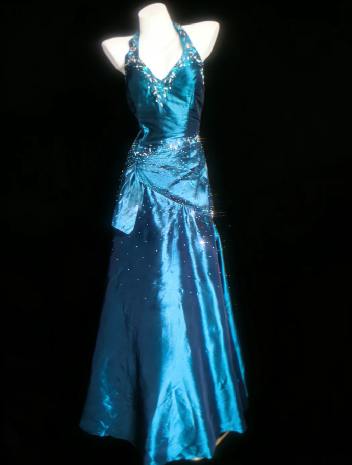 Glitter Blue Halter Satin Beaded Mermaid Long Party Dress Formal Wedding Guest Dress SP1593