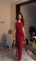 Sexy Burgundy Halter Satin Sheath Long Evening Gown Formal Birthday Dress SP233