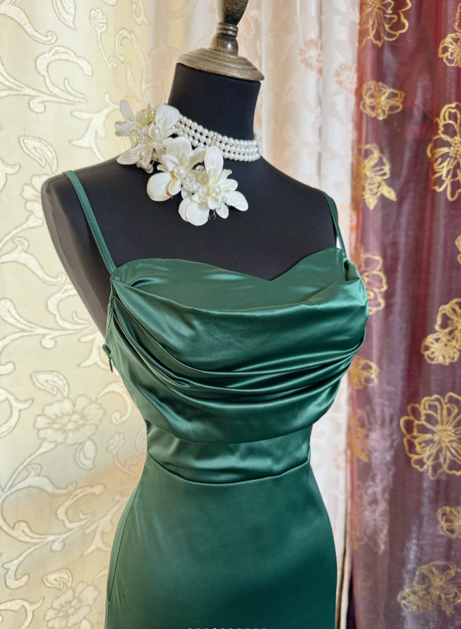 Sexy Spaghetti Straps Emerald Green Satin Sheath Long Evening Dress Formal Wedding Guest Dress SP1894