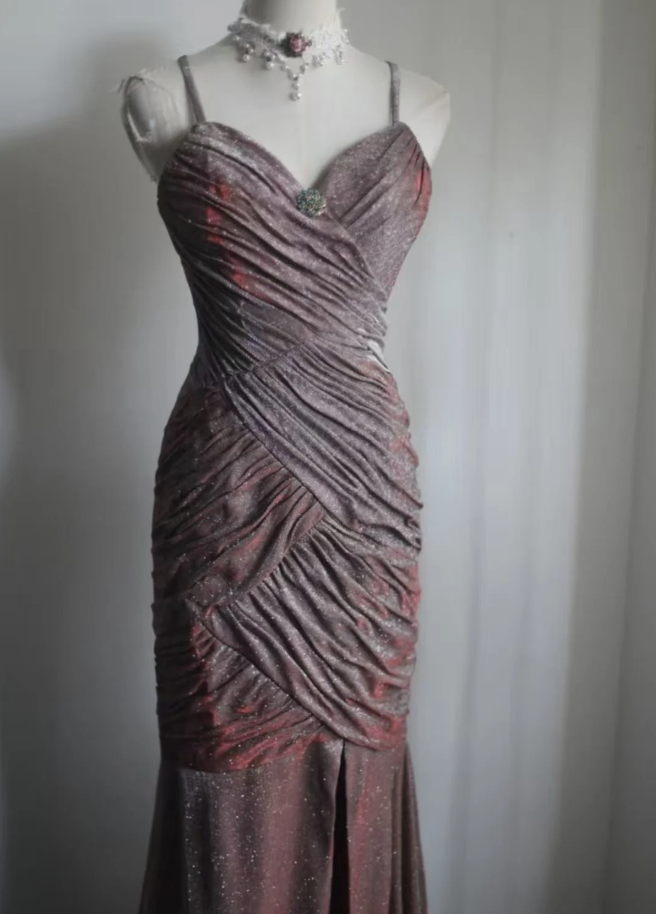 Shiny Spaghetti Straps Purple Satin Sequin Pleated Mermaid Slit Long Evening Dress Birthday Party Gown