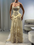 Elegant Yellow Sweetheart Neck Chiffon Lace Appliques Long Prom Dress Birthday Party Gown