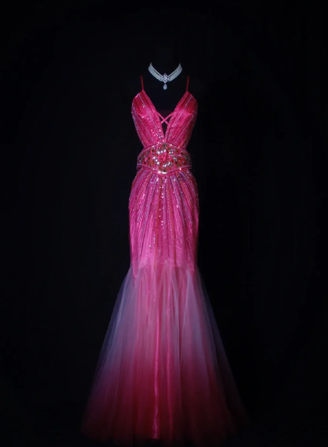 Gorgeous Spaghetti Straps Hot Pink V Neck Satin Tulle Beaded Mermaid Prom Dress Backless Long Evening Gown