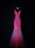 Gorgeous Spaghetti Straps Hot Pink V Neck Satin Tulle Beaded Mermaid Prom Dress Backless Long Evening Gown