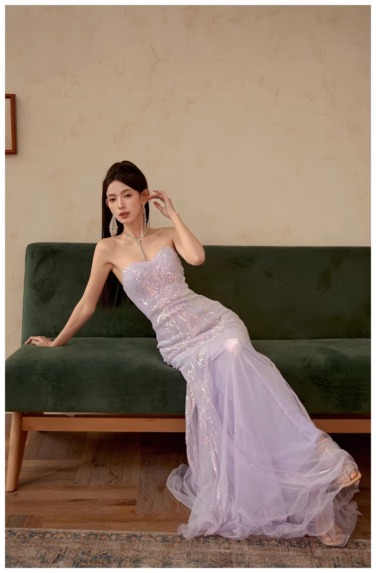 Gorgeous Sweetheart Neck Lavender Tulle Sequin Mermaid Long wedding Guest Dress Formal Evening Dress Prom Gown