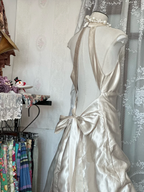 Charming Halter V Neck Ivory Satin Pleated Ball Gown Long Birthday Party Dress SP1874
