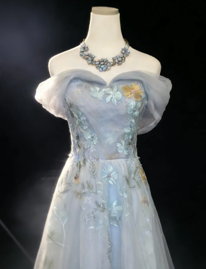 Classy Blue Off The Shoulder Tulle Appliques A Line Long Party Dress Birthday Prom Dresses SP1624