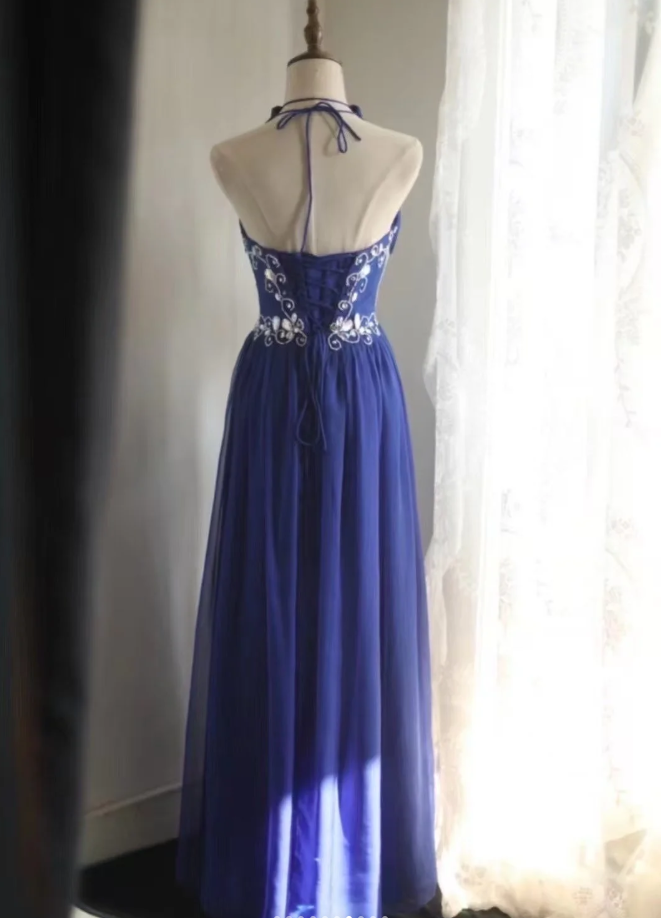 Stylish Halter Royal Blue Chiffon Beaded Long Evening Dress Formal Wedding Guest Dress Prom Gown