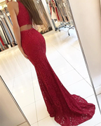 Elegant Burgundy Mermaid Lace Evening Dresses Y771