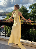 Classy Halter Yellow Satin Mermaid Wedding Guest Dress Long Evening Gown SP400
