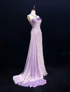 Glamorous  Strapless Lavender Tulle Satin Beaded Slit Mermaid Evening Dress Long Birthday Prom Gowns SP1965