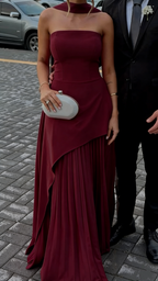 Trendy Pink Strapless Satin Pleated Long Party Dress Prom Gown With Scarf