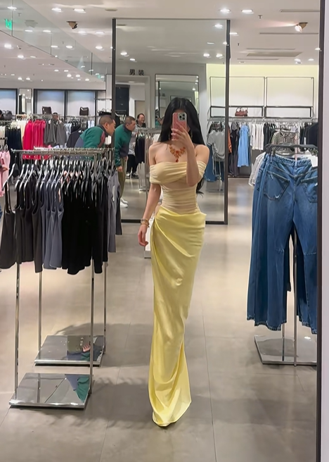 Light yellow off-the-shoulder waist-cinching sexy long prom dress R7912