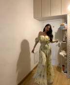 Beautiful Spaghetti Straps Green Chiffon Printed Floral Mermaid Party Dress Long Prom Gown SP294