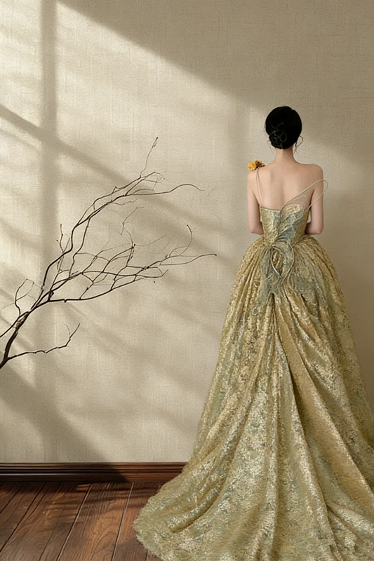 Yellow-green strapless corset waist A-line long formal ball gown, bridal gown R8018
