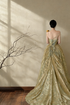 Yellow-green strapless corset waist A-line long formal ball gown, bridal gown R8018