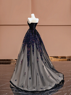 Black strapless, fitted waist, long ball gown with a full skirt R8391