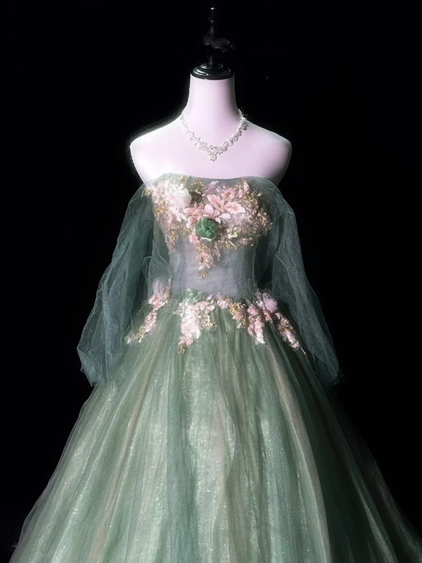 Green off-the-shoulder fitted waist slim-fitting ball gown with a full skirt R8673