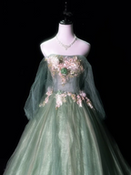 Green off-the-shoulder fitted waist slim-fitting ball gown with a full skirt R8673