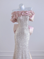 Light pink off-the-shoulder neckline with silver sequins, fitted waist, bodycon silhouette, sexy long ball gown R8276
