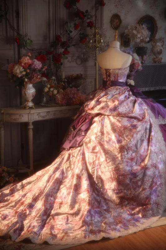 Purple Vintage Floral Strapless Waist-Cinched Puff-Skirt Ball Gown & Bridal Gown R7367
