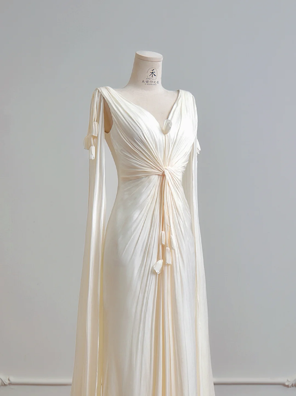 Light apricot V-neck fitted waist long sexy ball gown R8160
