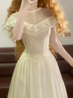 Light Apricot Round-Neck Waist-Cinched Fitted Elegant Hem Ball Gown, Bridal Gown R7319