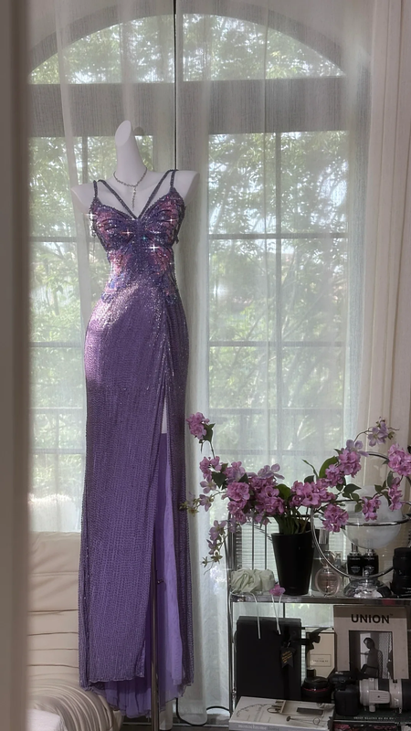 Purple halter-neck, fitted waist, backless, sexy bodycon long ball gown R7601