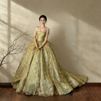 Yellow-green strapless corset waist A-line long formal ball gown, bridal gown R8018