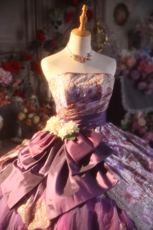 Purple Vintage Floral Strapless Waist-Cinched Puff-Skirt Ball Gown & Bridal Gown R7367
