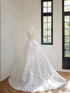 White strapless vintage print fitted waist ball gown/bridal dress R8451