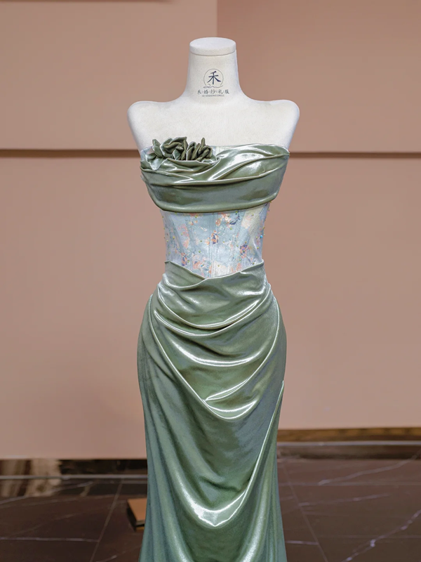 Olive green strapless waist-cinching sexy long ball gown R8334