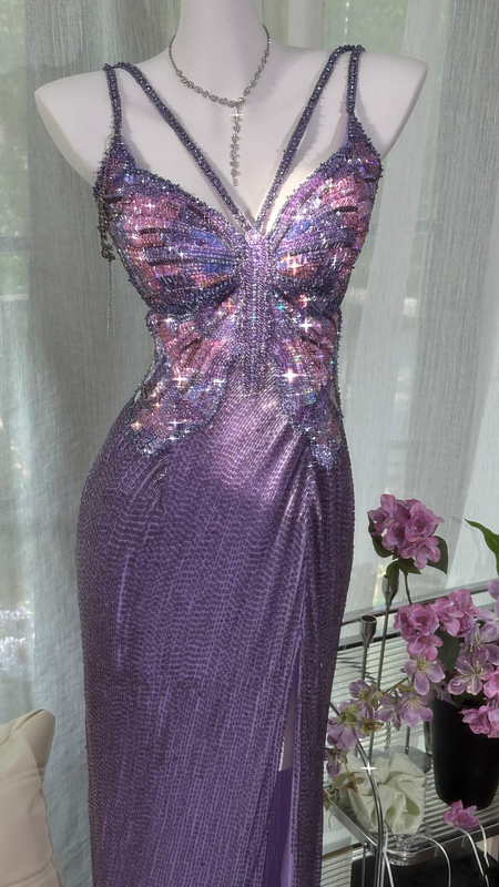 Purple halter-neck, fitted waist, backless, sexy bodycon long ball gown R7601