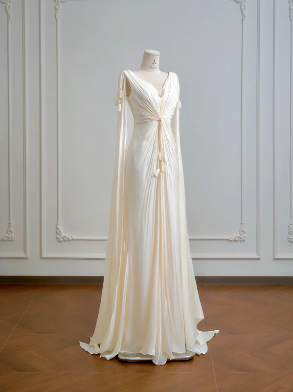 Light apricot V-neck fitted waist long sexy ball gown R8160